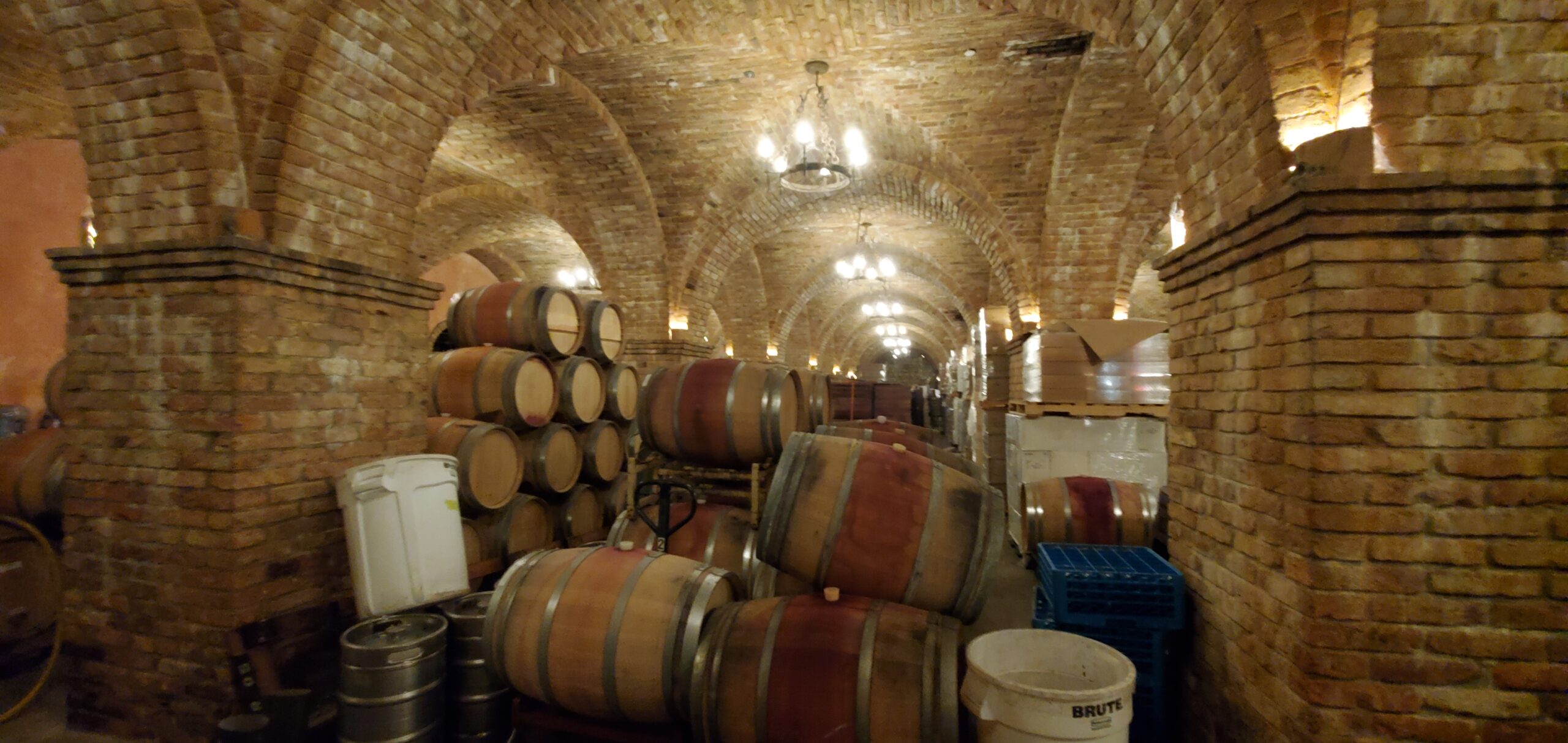 Wine barrel storage in the Castello di Amorosa basement.